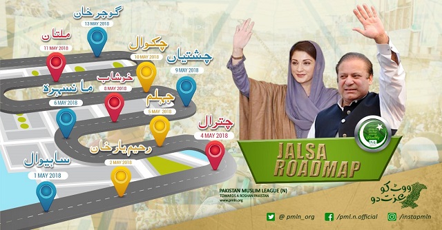 Nawaz Sharif (PMLN) Jalsa Roadmap May 2018 - Maryam Nawaz will also Address