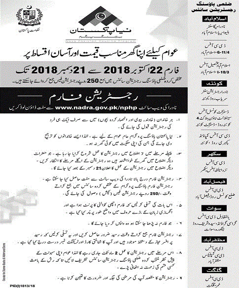 Naya Pakistan Housing Program - Districts Housing Registration Sites Addresses - Submit Application Forms from 22 Oct to 21 December
