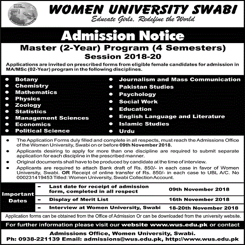 Women University Swabi Admission Notice Master Programs MA MSc Merit List Display 16 Nov 2018 2 Women University Swabi Admission Notice Master Programs - MA MSc 2 Year s4 Semesters - Merit List Display 16 Nov 2018