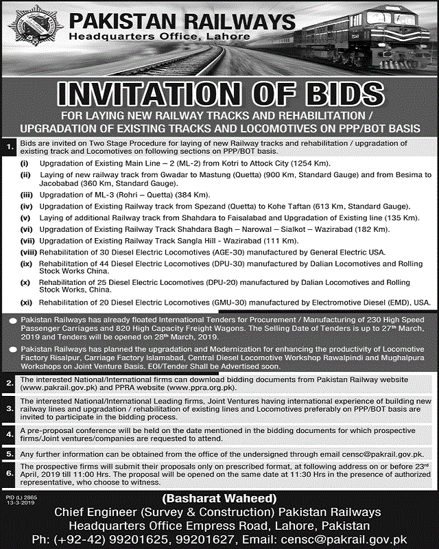 ML-2 Project Pakistan Railway Invitation of Bids Upgradation of Existing Tracks and Locomotives 2 Pakistan Railway Invitation of Bids Upgradation of Existing Tracks and Locomotives Nawaiwaqt Lahore 13 Mar 2019 ML 2 Project 1254 Km Long Kotri to Attock