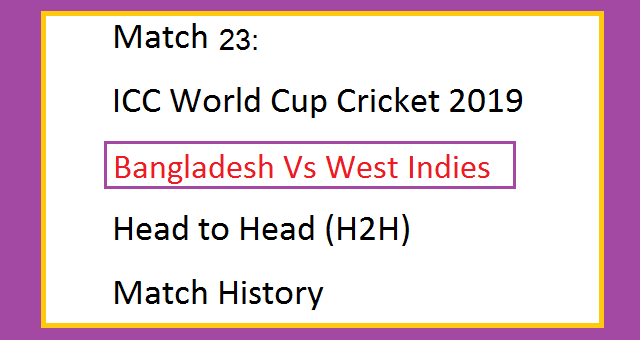 Match 23 ICC World Cup Cricket 2019 Bangladesh Vs West Indies (BAN Vs WI) Head to Head (H2H) Match History