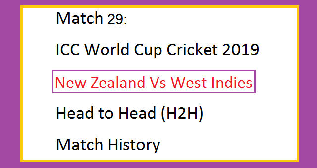 ICC World Cup Cricket 2019 New Zealand Vs West Indies (NZ Vs WI) Head to Head (H2H) Match History - Match 29 2 ICC World Cup Cricket 2019 New Zealand Vs West Indies (NZ Vs WI) Head to Head (H2H) Match History - Match 29