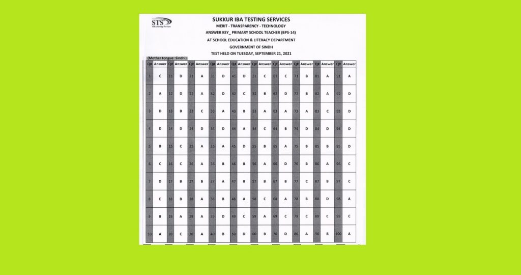 PST Answer Key Sindhi Dated 21 September 2021 IBA Sukkur STS School Teacher Job