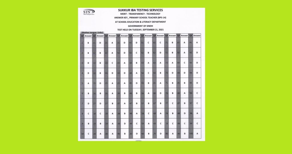 PST Answer Key Urdu Dated 21 September 2021 IBA Sukkur STS School Teacher Job