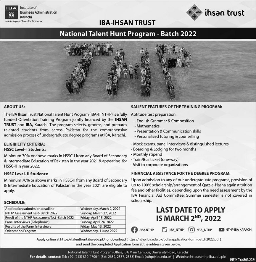 IBA Ihsan Trust National Talent Hunt Program Batch 2022 Application Forn Last Date to Apply Online