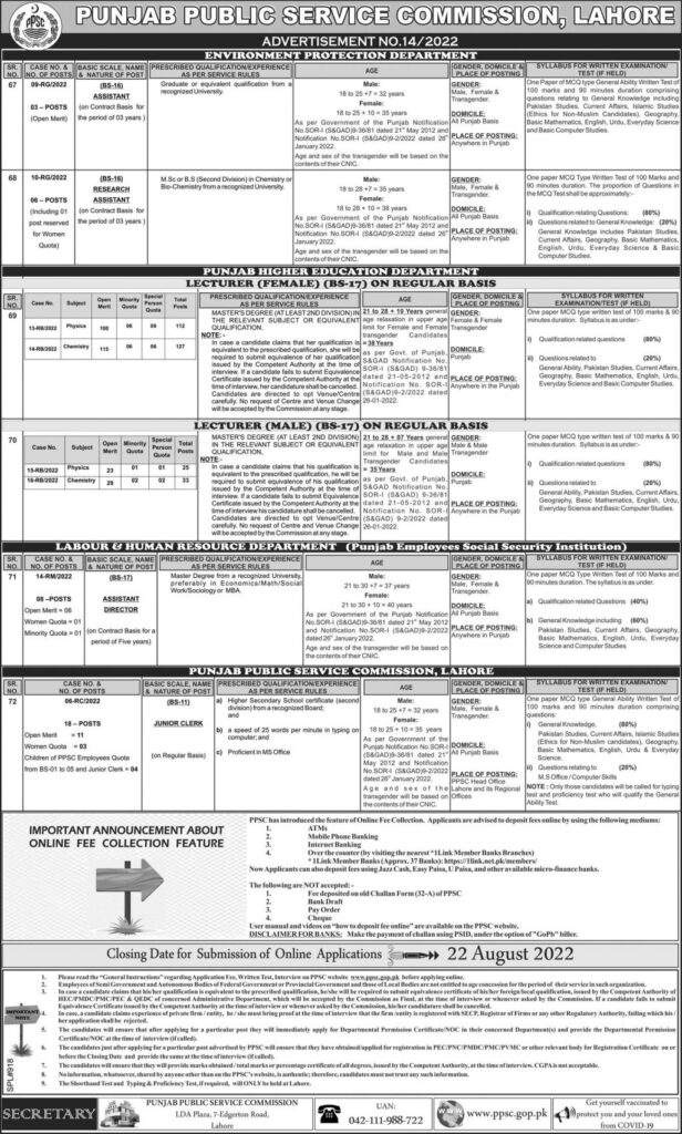 PPSC Jobs Announcement 2022 Lecturers Physics Chemistry Posts Apply Online