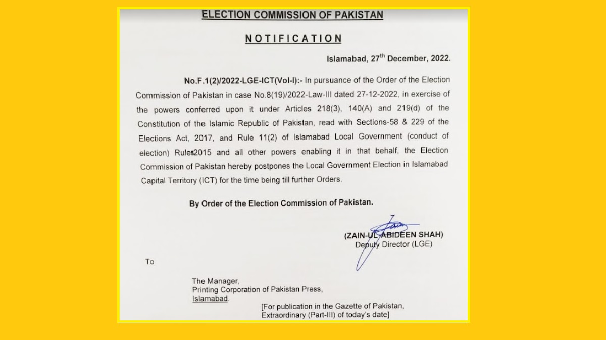 ECP Notification to Postpone ICT Islamabad Local Body Election Schedule on 31 December 2022