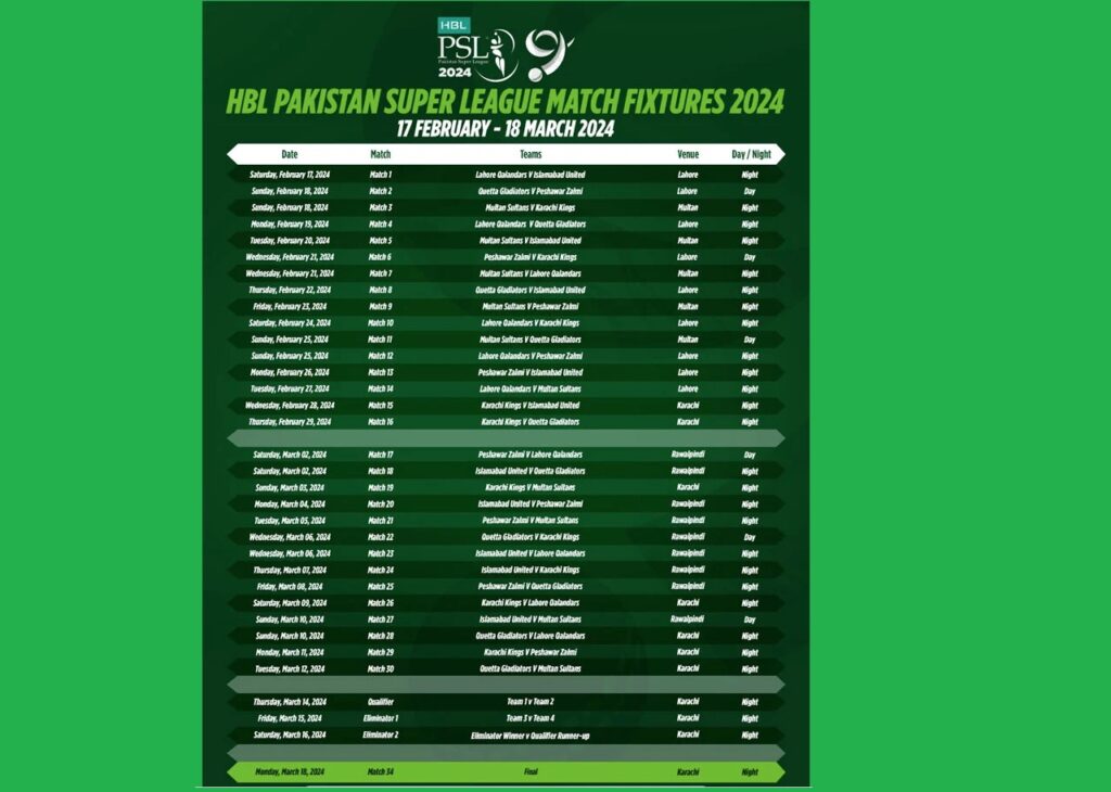 PSL 2024 Complete Schedule Full Fixture Season 9